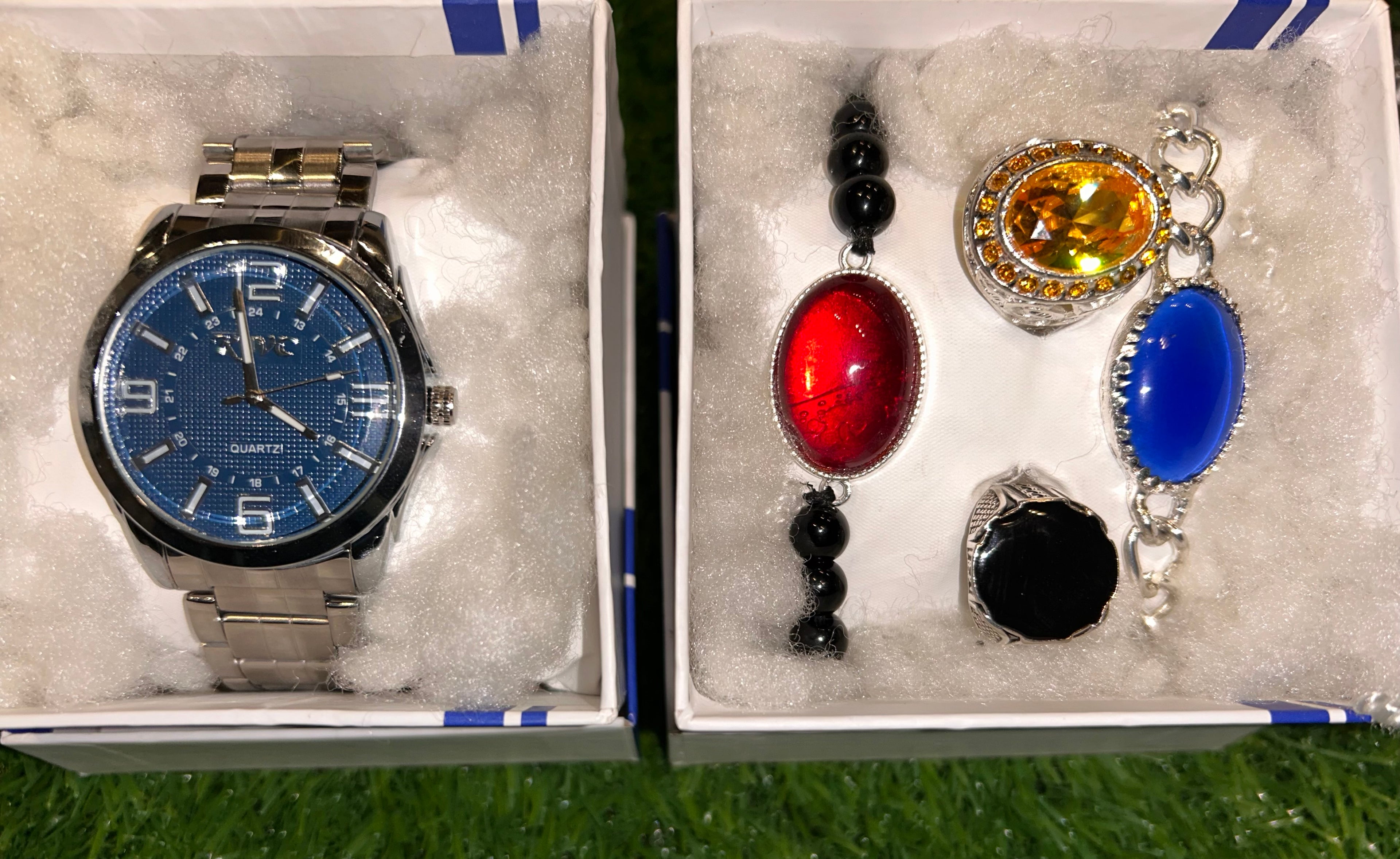 Luxury 5-in-1 Imported Combo Set – Premium Watch with 2 Stone Rings & 2 Stylish Stone Bracelets