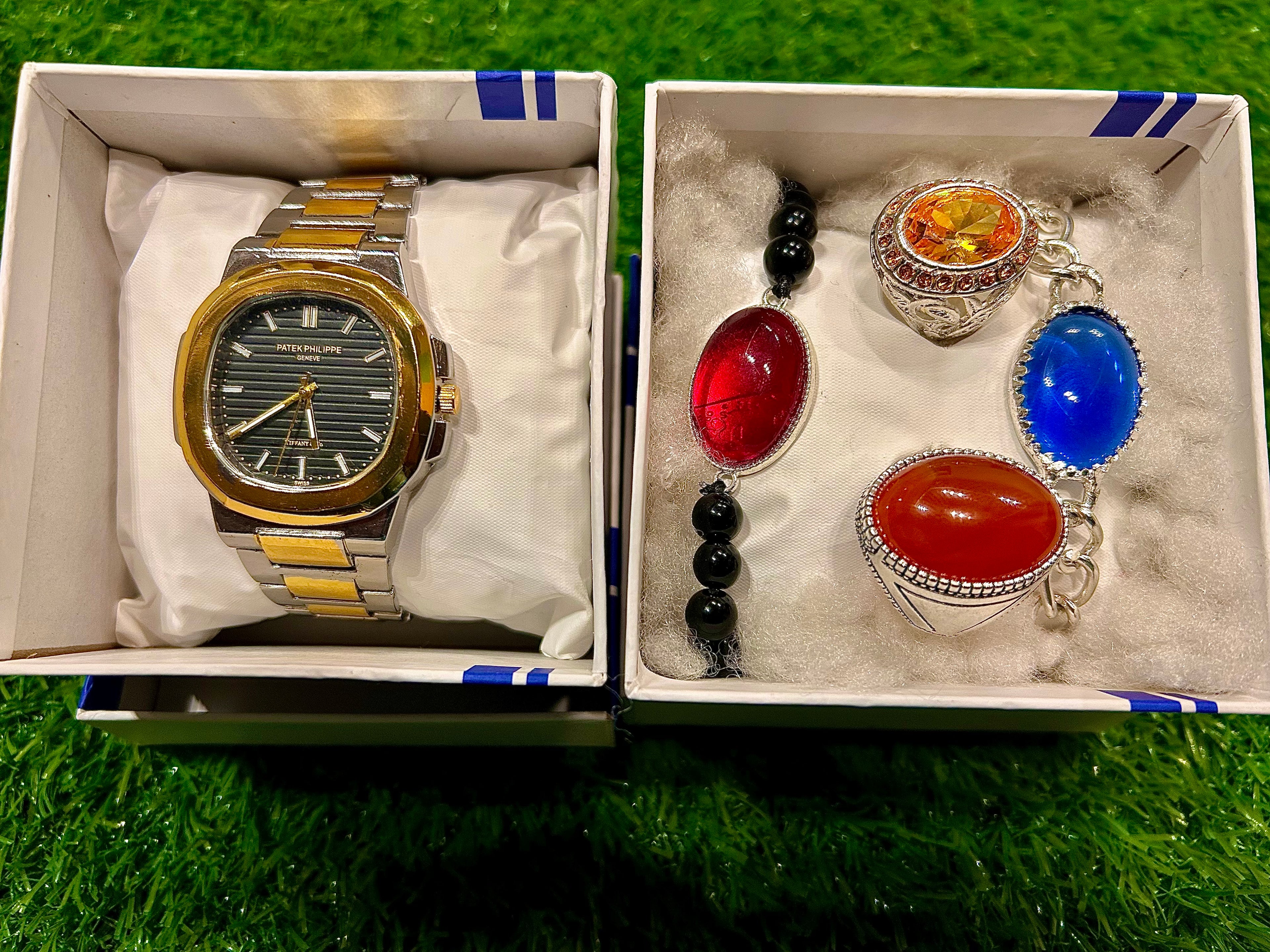 Luxury 5-in-1 Imported Combo Set – Premium Watch with 2 Stone Rings & 2 Stylish Stone Bracelets