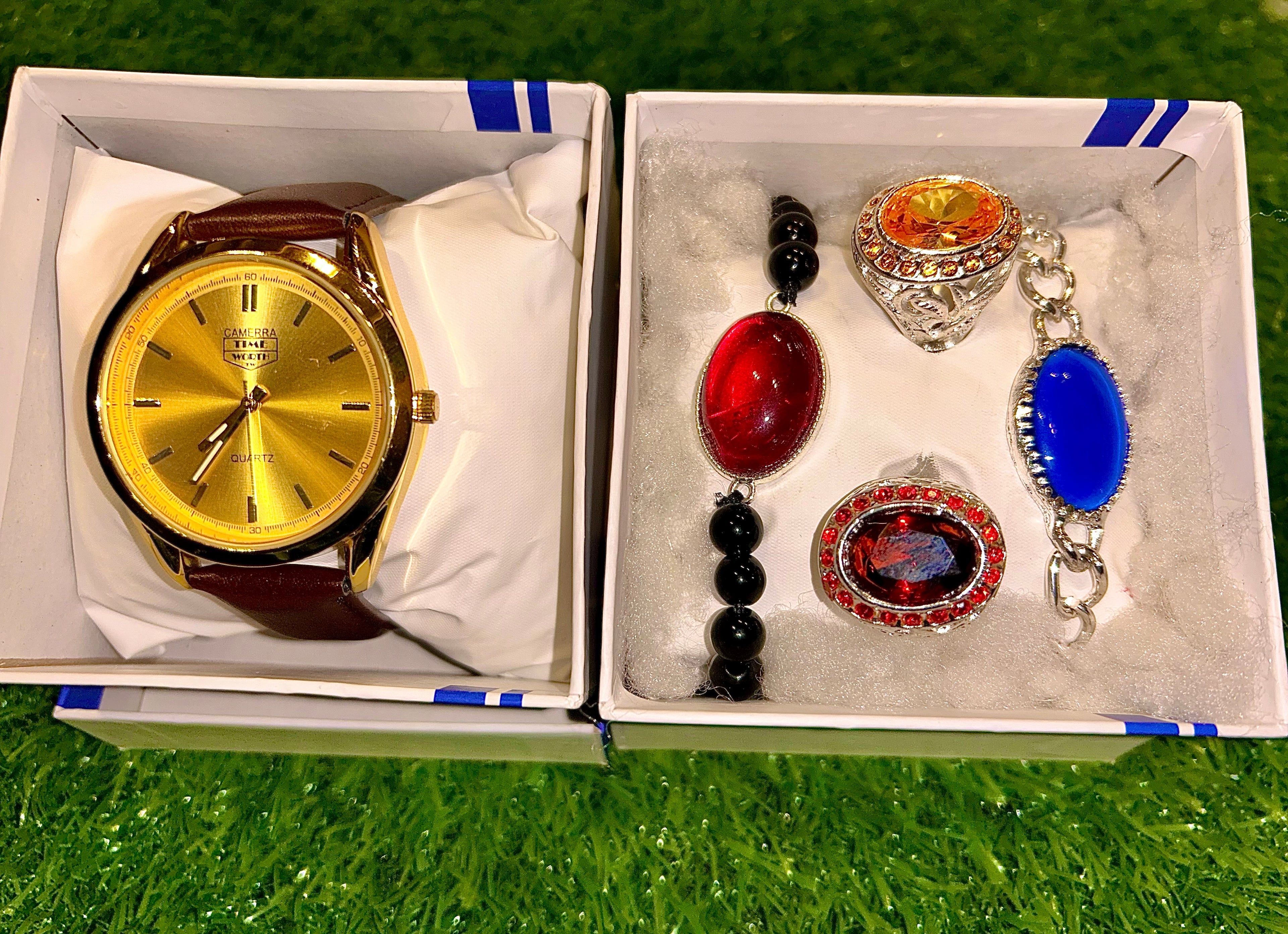 Luxury 5-in-1 Imported Combo Set – Premium Watch with 2 Stone Rings & 2 Stylish Stone Bracelets