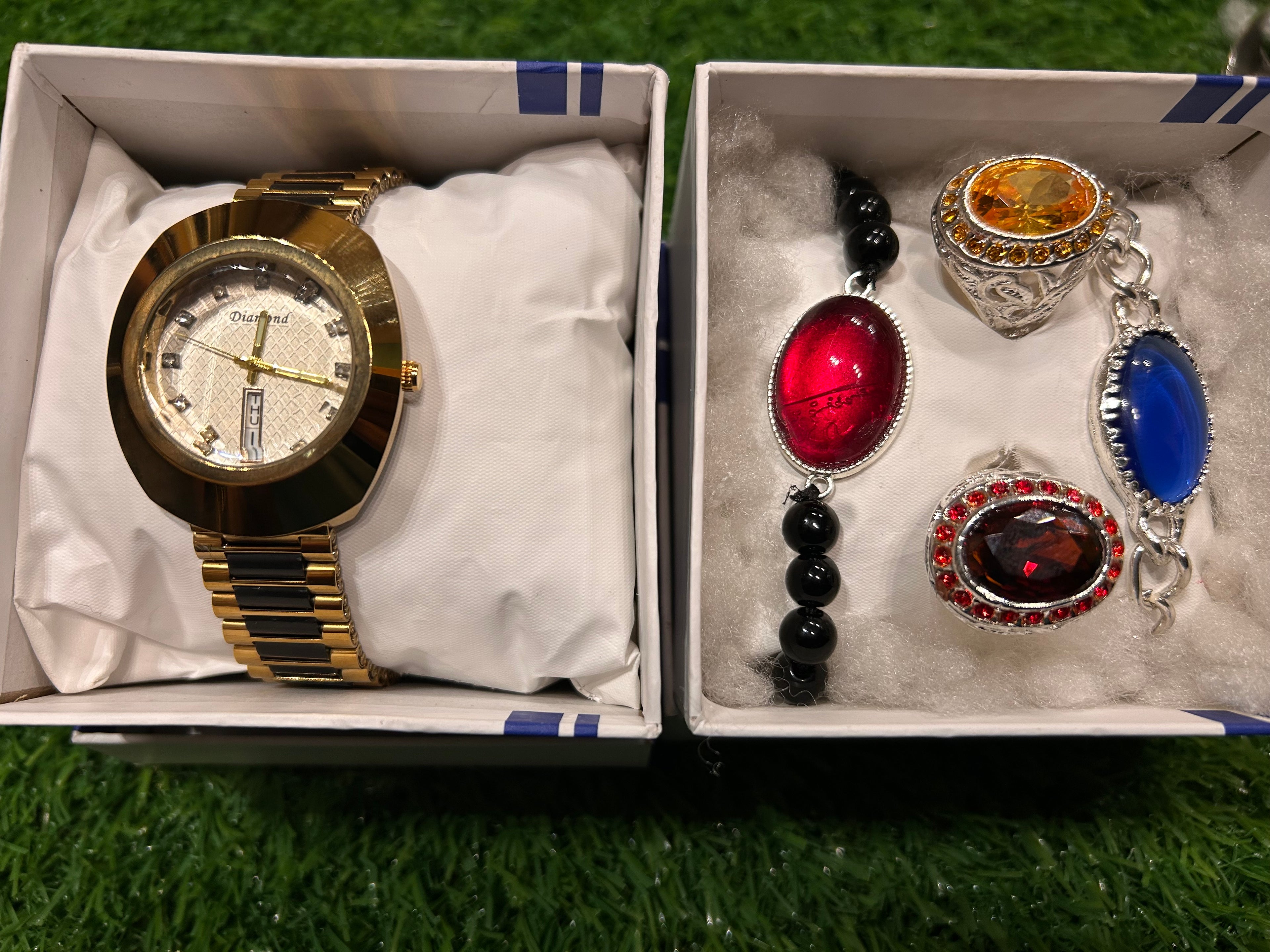 Luxury 5-in-1 Imported Combo Set – Premium Watch with 2 Stone Rings & 2 Stylish Stone Bracelets