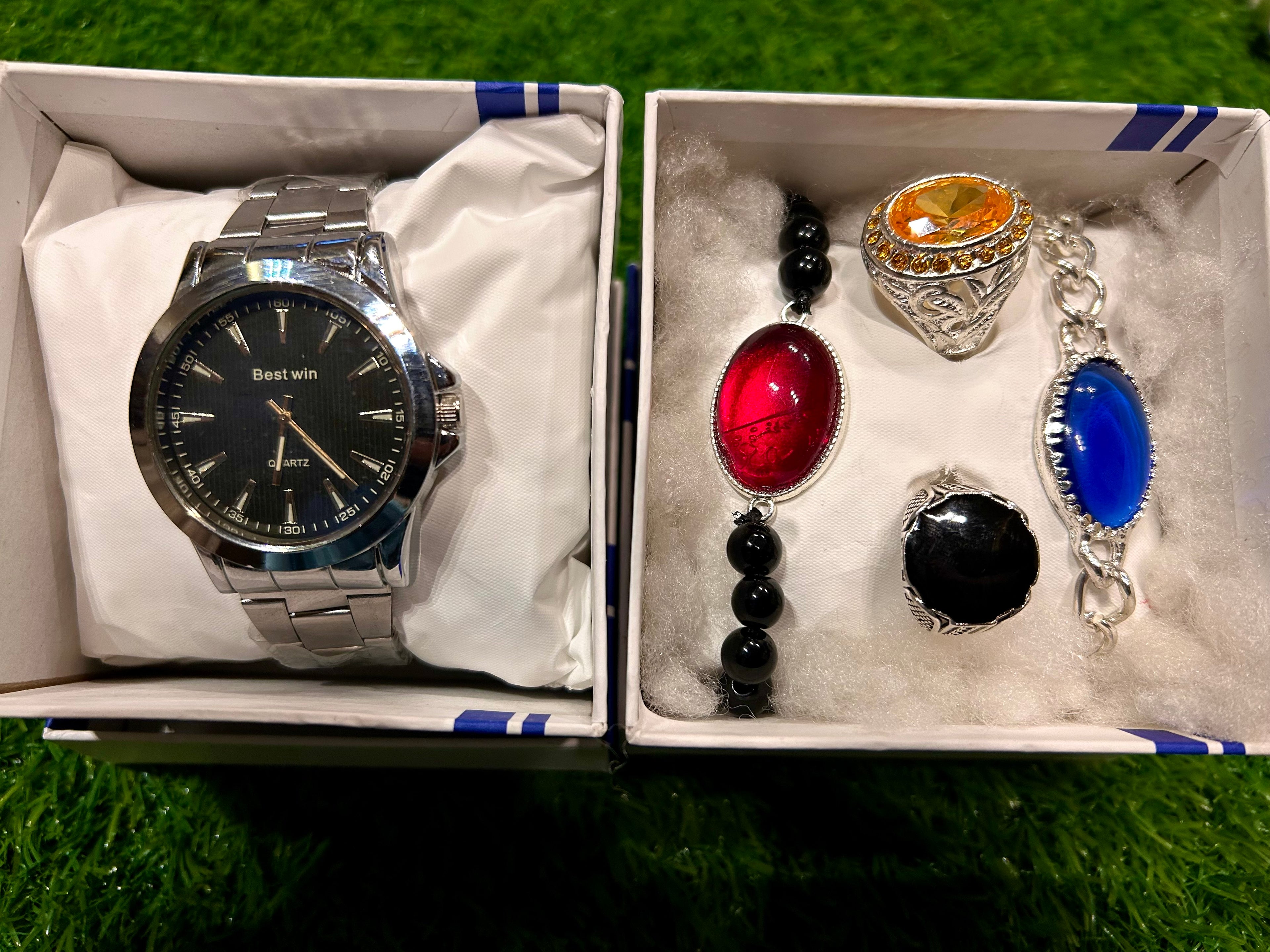 Luxury 5-in-1 Imported Combo Set – Premium Watch with 2 Stone Rings & 2 Stylish Stone Bracelets
