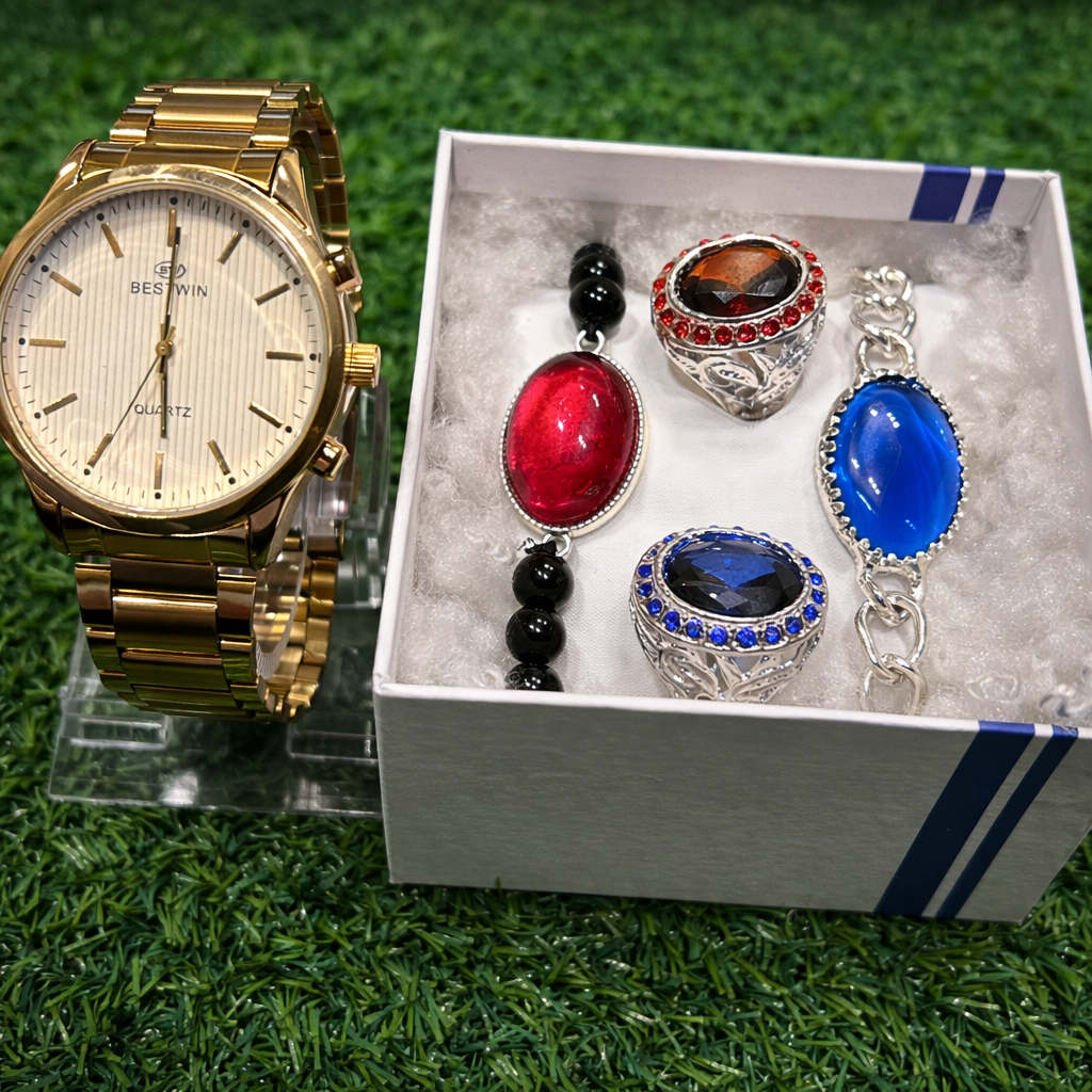 Luxury 5-in-1 Imported Combo Set – Premium Watch with 2 Stone Rings & 2 Stylish Stone Bracelets