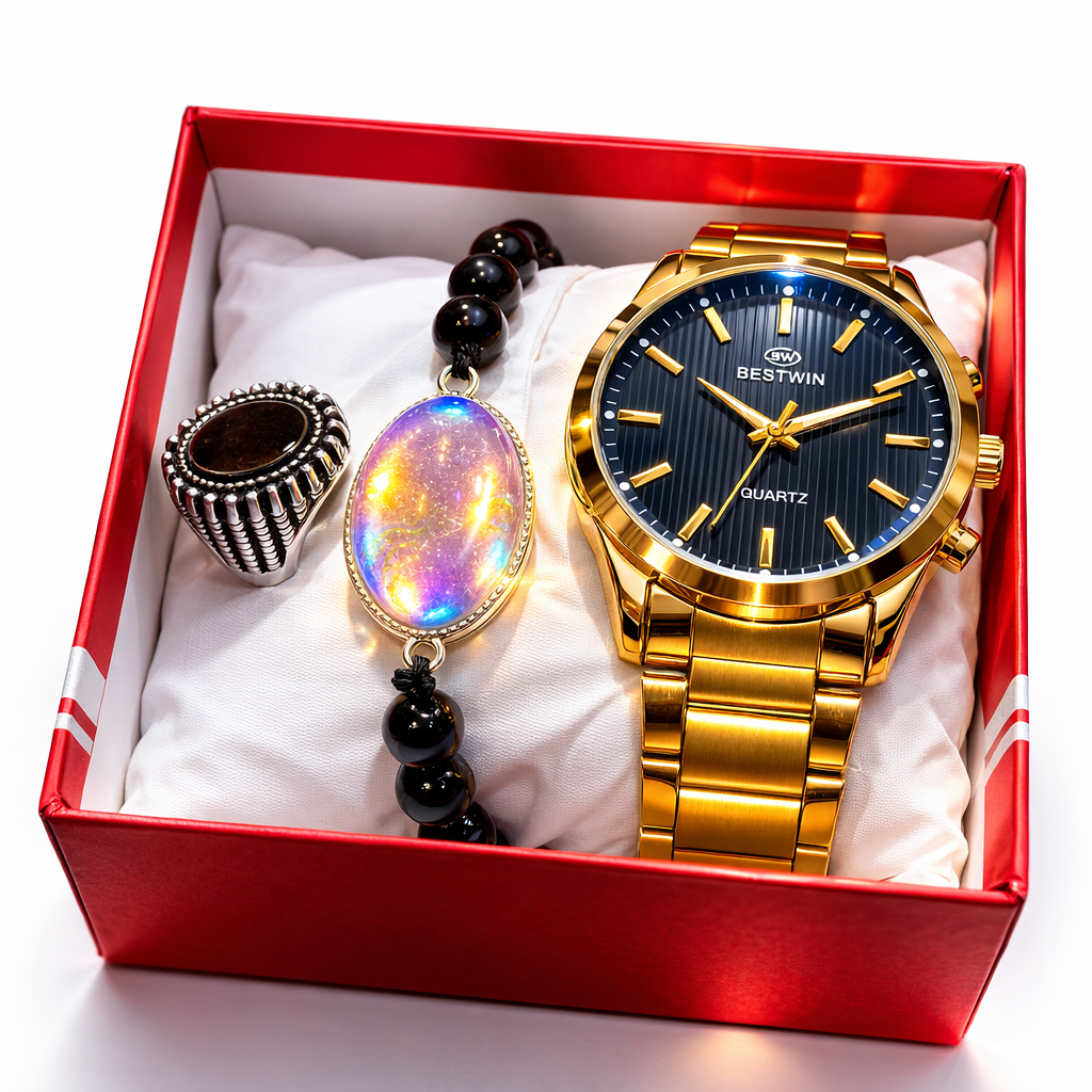 Premium Stainless Steel Quartz Watch Set – Imported Turkish Bracelet & Stylish Ring (3 in 1 Combo)